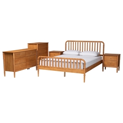 Baxton Studio Lucera Mid-Century Oak Brown Queen Size 5-Piece Bobbin Bedroom Set